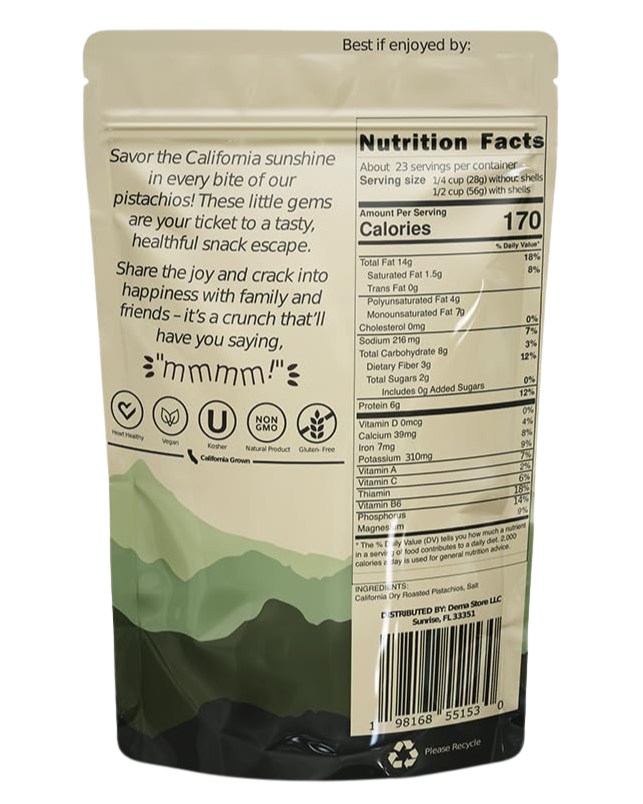Back of mmmm Pistachios! roasted salted in-shell, 1 lb bag with nutrition facts, vegan, kosher, non-GMO, gluten-free