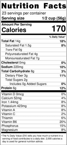 Nutrition facts for mmmm Pistachios! roasted salted: 170 calories, sodium, fiber, protein, calcium, iron, potassium, vitamins