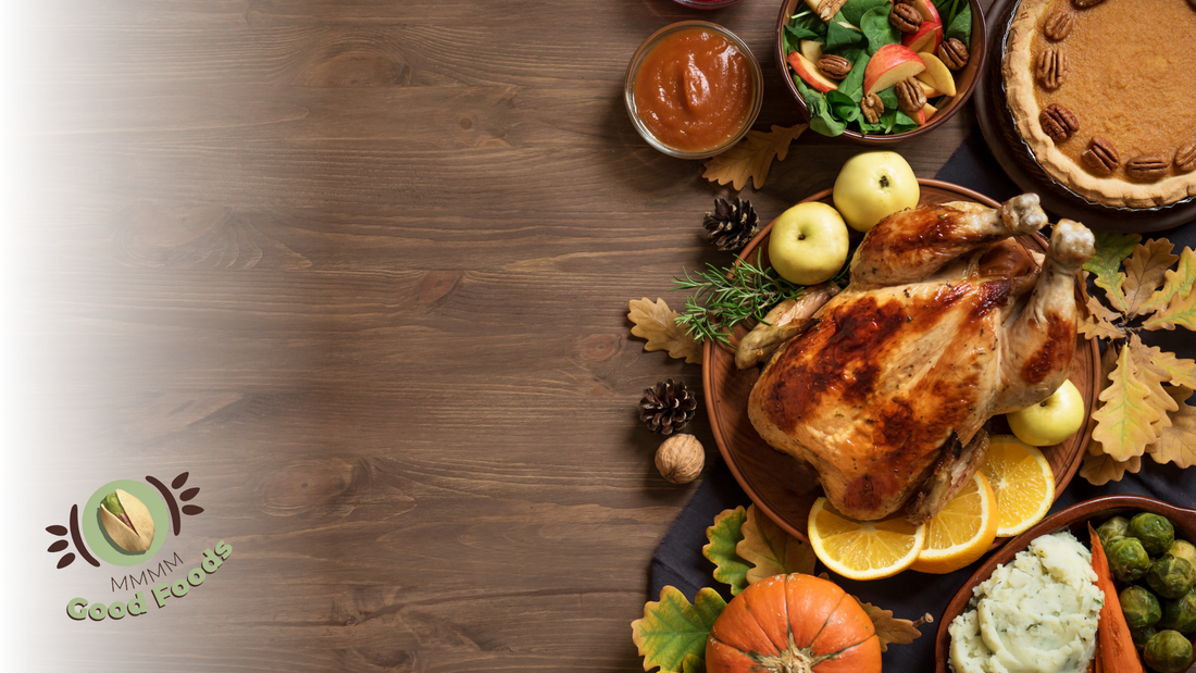 Thanksgiving dishes on wooden table for the recipe blog of MMMM Good Foods