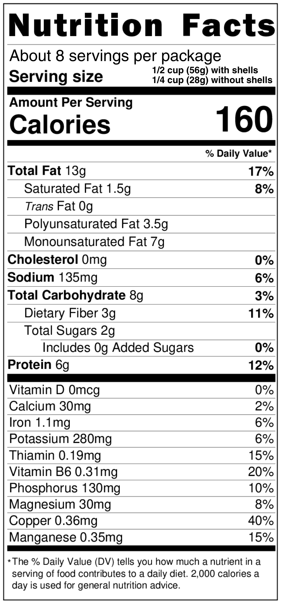 Nutrition facts for mmmm Pistachios! roasted salted: 170 calories, sodium, fiber, protein, calcium, iron, potassium, vitamins