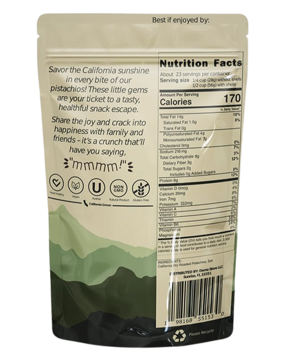 Back of mmmm Pistachios! roasted salted in-shell, 1 lb bag with nutrition facts, vegan, kosher, non-GMO, gluten-free
