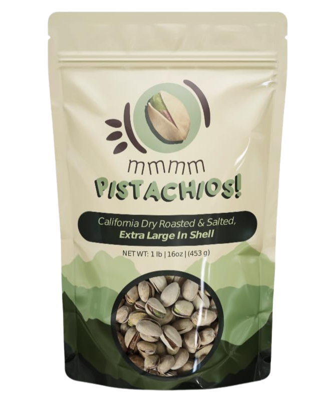 mmmm Pistachios! roasted and salted extra-large in-shell pistachios, 1 lb resealable bag