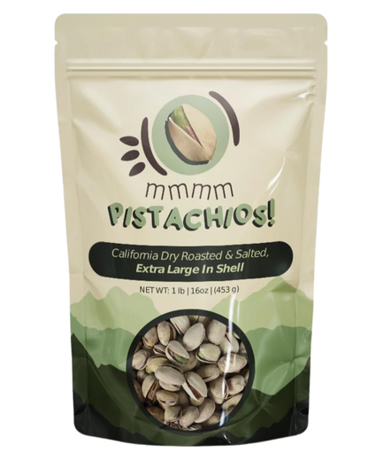 mmmm Pistachios! roasted and salted extra-large in-shell pistachios, 1 lb resealable bag