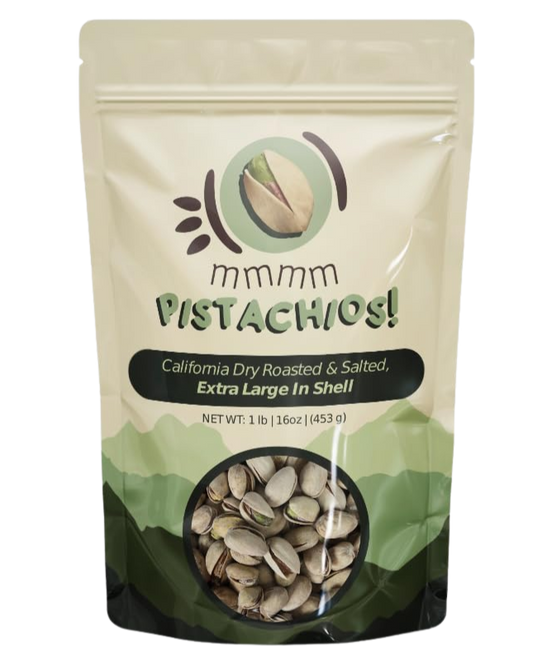 mmmm Pistachios! roasted and salted extra-large in-shell pistachios, 1 lb resealable bag