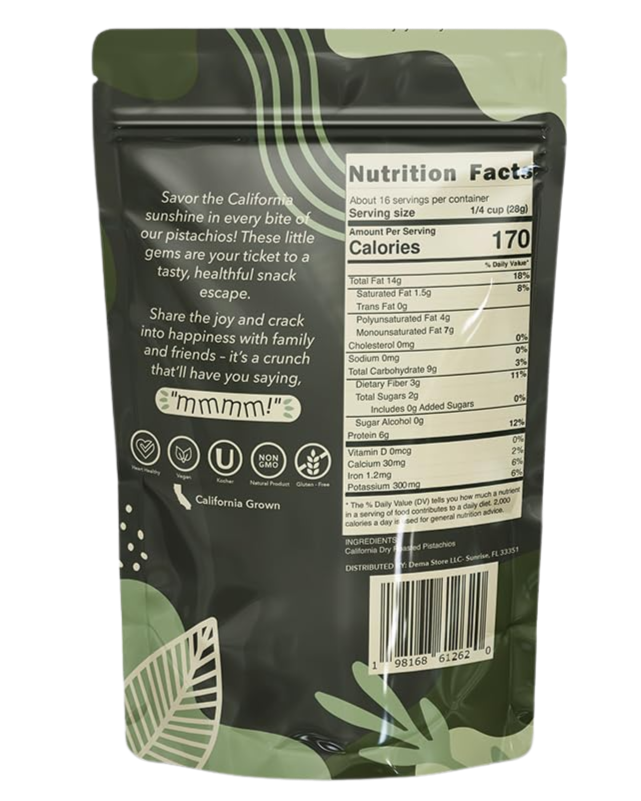 Back of mmmm Pistachios! unsalted whole pistachio kernels, 1 lb bag with nutrition facts, vegan, kosher, non-GMO, gluten-free
