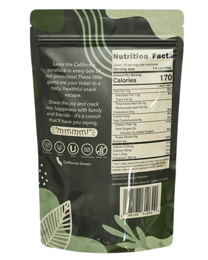 Back of mmmm Pistachios! unsalted whole pistachio kernels, 1 lb bag with nutrition facts, vegan, kosher, non-GMO, gluten-free