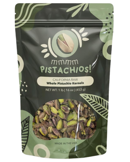mmmm Pistachios! unsalted whole pistachio kernels, 1 lb resealable bag.