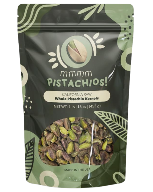 mmmm Pistachios! unsalted whole pistachio kernels, 1 lb resealable bag.